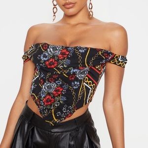 Black Scarf Print Satin Corset Bardot Top